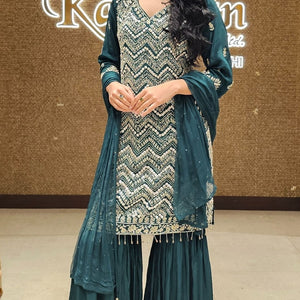 Peacock Green Crepe Indowestern Top,Bottom and Dupatta with Sequins and Cutdana Work