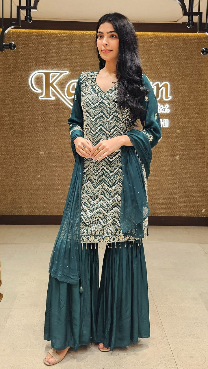 Peacock Green Crepe Indowestern Top,Bottom and Dupatta with Sequins and Cutdana Work