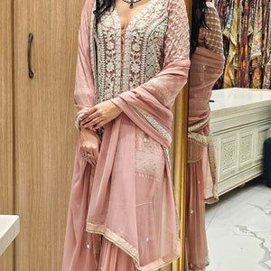 Peach Georgette Indowestern Top and Bottom with Pearl and Thread Work with Dupatta