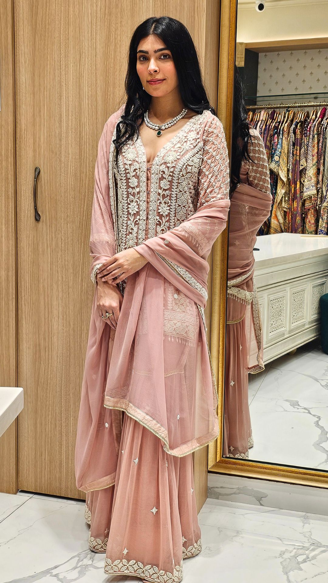 Peach Georgette Indowestern Top and Bottom with Pearl and Thread Work with Dupatta