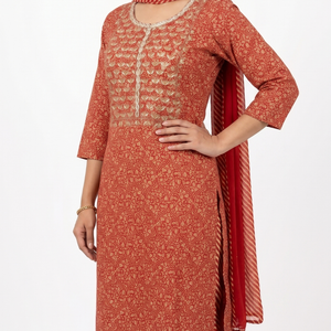 Orange muslin And Gold Print Gota Cutdana Moti Sequins