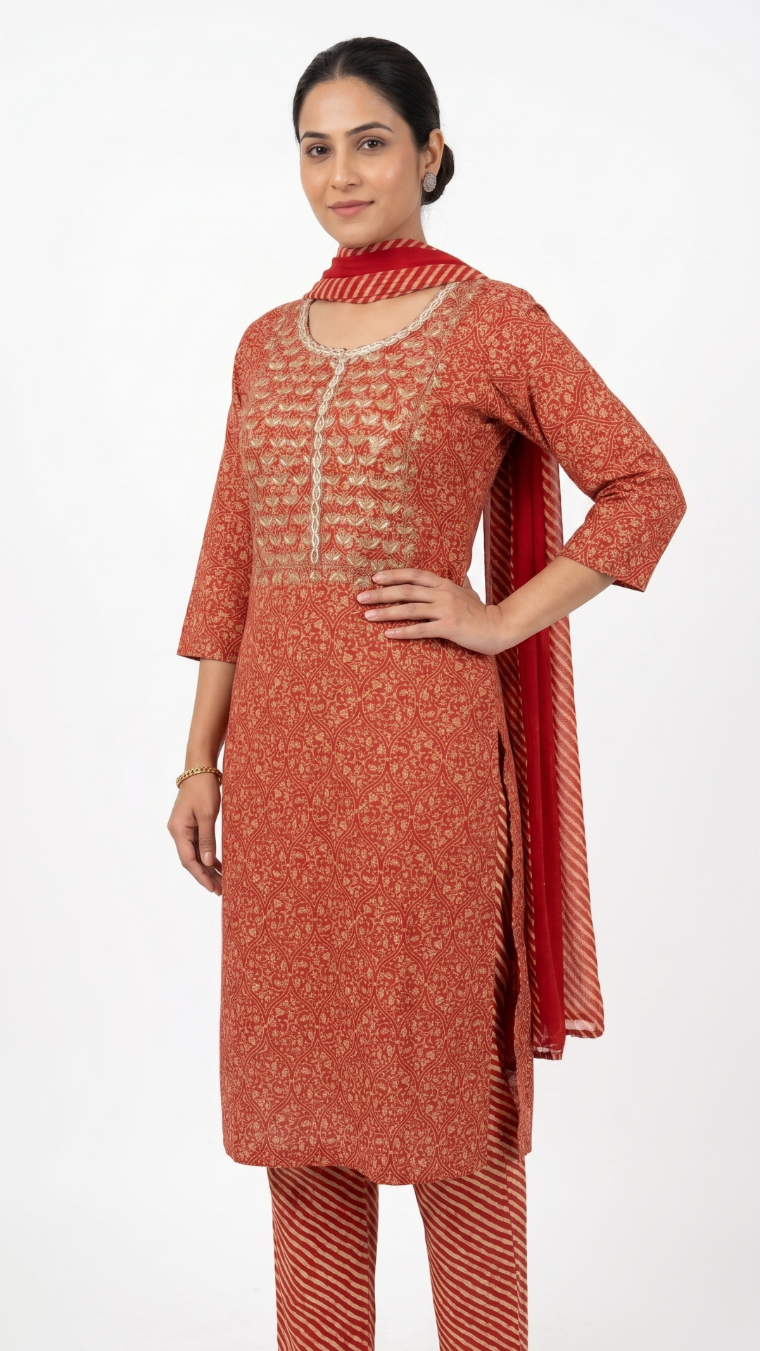 Orange muslin And Gold Print Gota Cutdana Moti Sequins