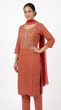 Orange muslin And Gold Print Gota Cutdana Moti Sequins