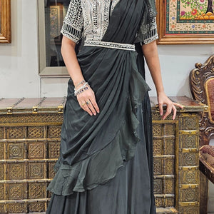 Olive Green Chinon Indowestern with Sequins and Pearl Work