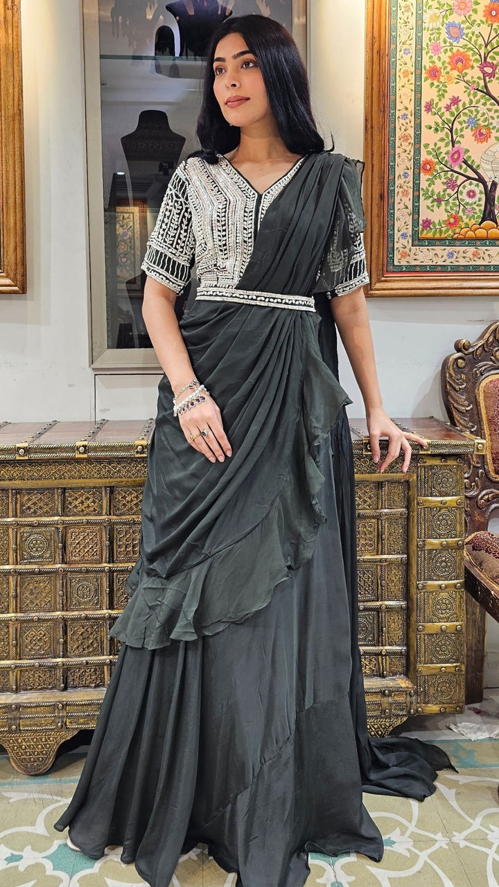 Olive Green Chinon Indowestern with Sequins and Pearl Work