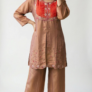 Brown Tissue Fabric Coord Set with Dabka, Cutdana & Sequins Detailing