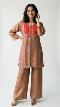 Brown Tissue Fabric Coord Set with Dabka, Cutdana & Sequins Detailing