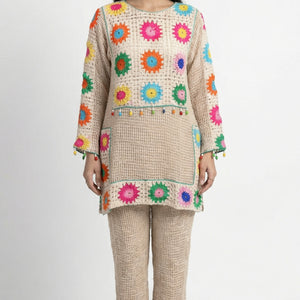 Beige Jute Coord Set with Crosia Detailing