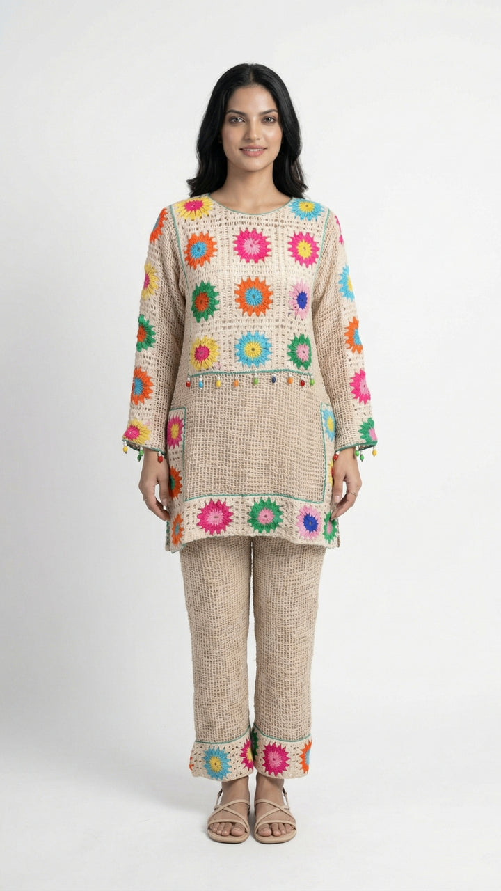Beige Jute Coord Set with Crosia Detailing