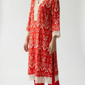 Red Maslin Cotton Coord Set with Fine Lace Work