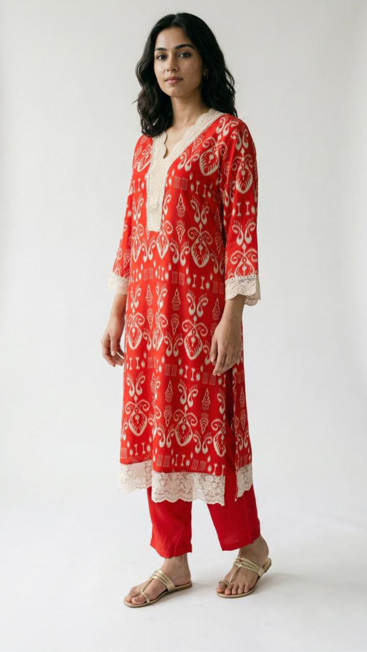 Red Maslin Cotton Coord Set with Fine Lace Work