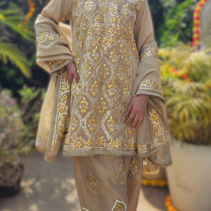 Golden Tissue Indo-Western with Gota Patti Work
