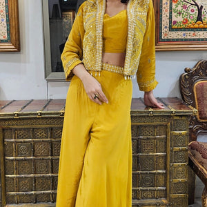 Yellow Crepe Indowestern 3 Piece with Cutdana and Pearl Work