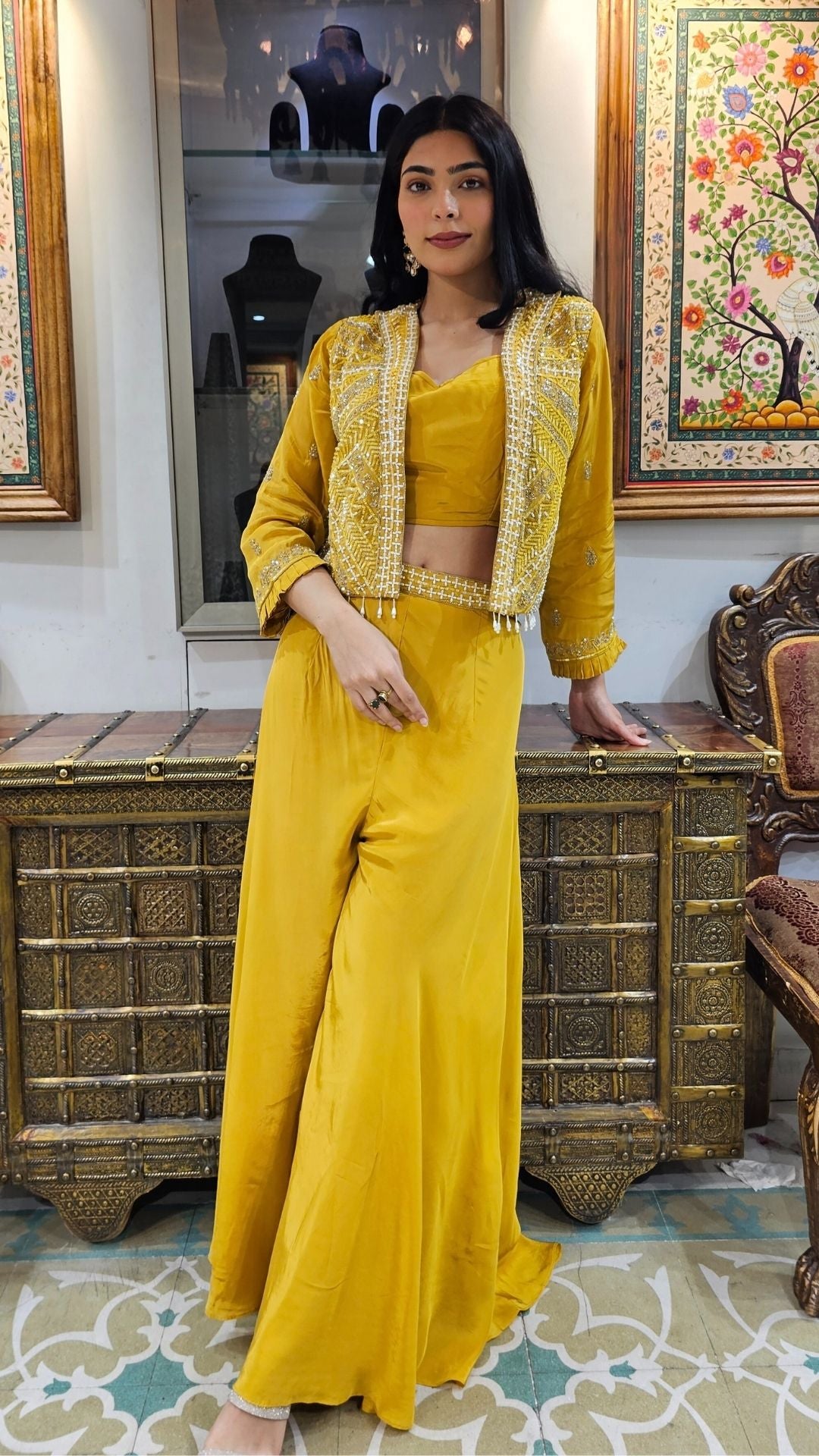 Yellow Crepe Indowestern 3 Piece with Cutdana and Pearl Work