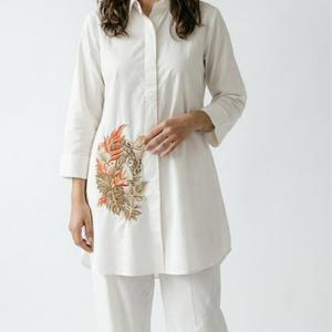 White Cotton Coord Set with Thread Work