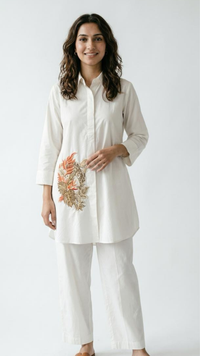 White Cotton Coord Set with Thread Work