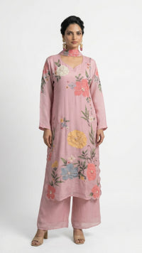Printed Soft Organza Suit with Moti & Cutdana Detailing
