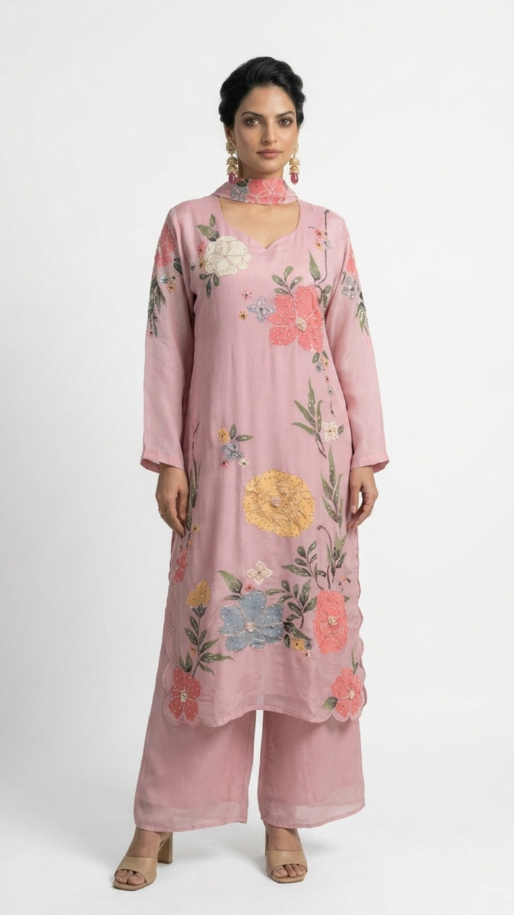 Printed Soft Organza Suit with Moti & Cutdana Detailing