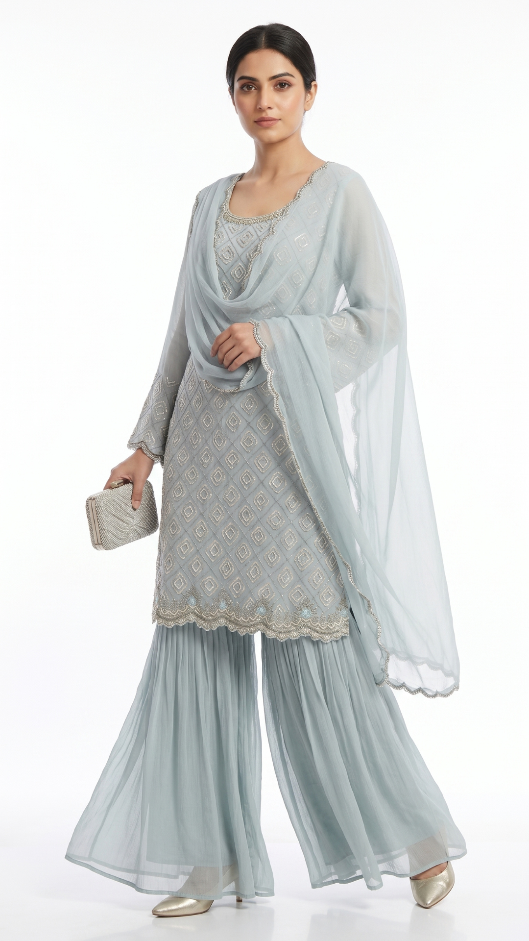 Ice Blue Chinon fabric moti cutdana & thread work sequins