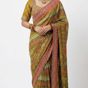 Moss Green Tissue Saree with Zari, Mirror & Stone Work