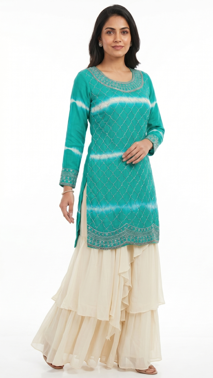 Green Chinon Fabric Cutdana work Sequins
