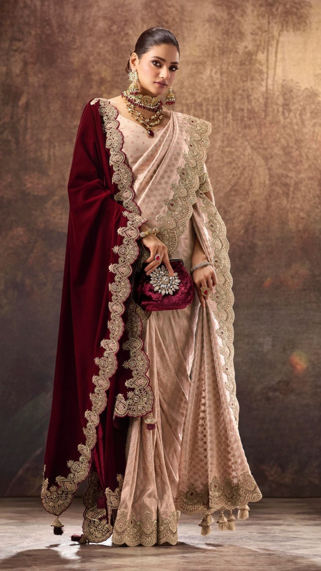 Peach Kanjivaram Silk Saree with Zardosi Work and Velvet Dupatta