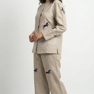 Beige Jute Coord Set with Thread Work Detailing