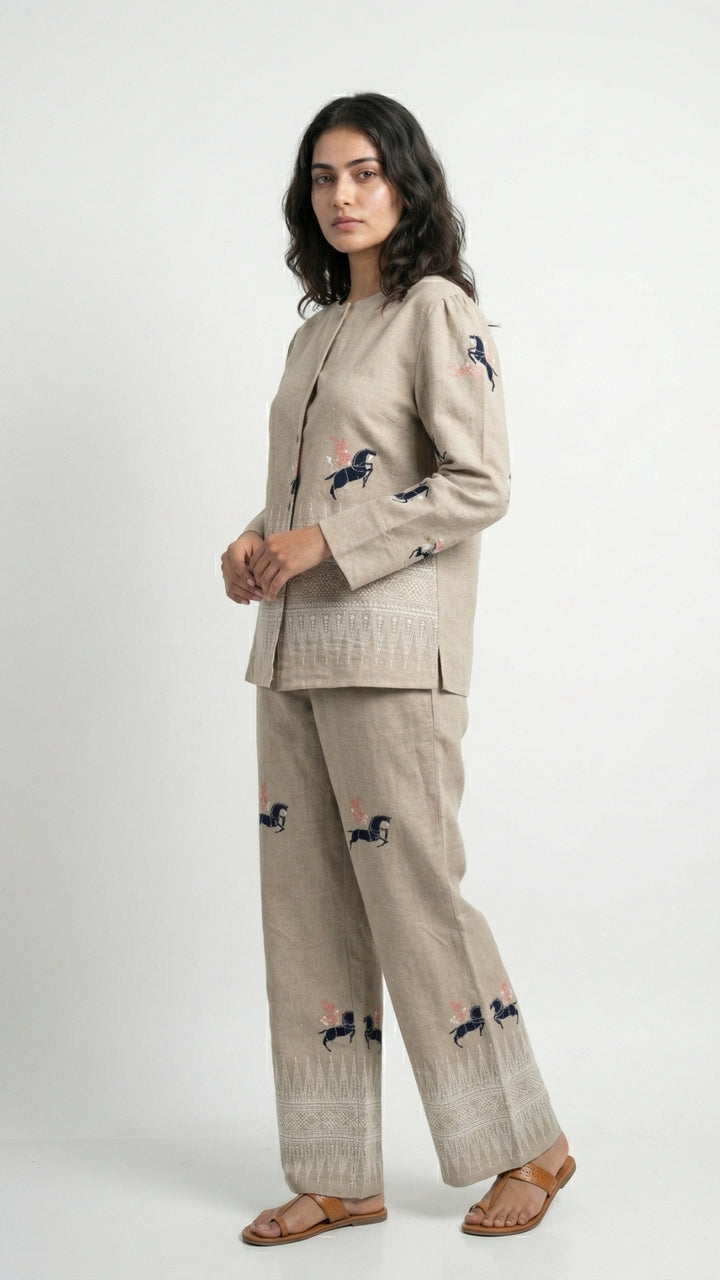 Beige Jute Coord Set with Thread Work Detailing