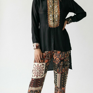 Black Crepe Coord Set with Sequin, Beadwork and Cut Dana