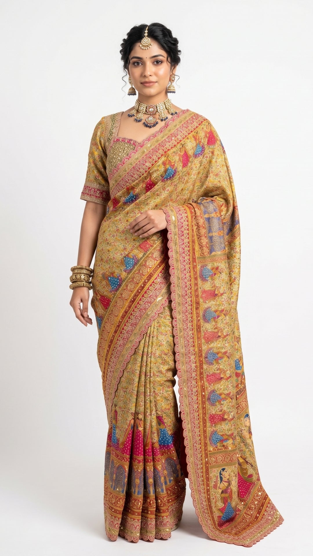Champagne Gold Tissue Silk Saree with Mirror & Kundan Work