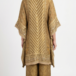 Golden Digital Printed Tissue Kaftan Style Co-ord Set with Gotta Patti & Sequins Work