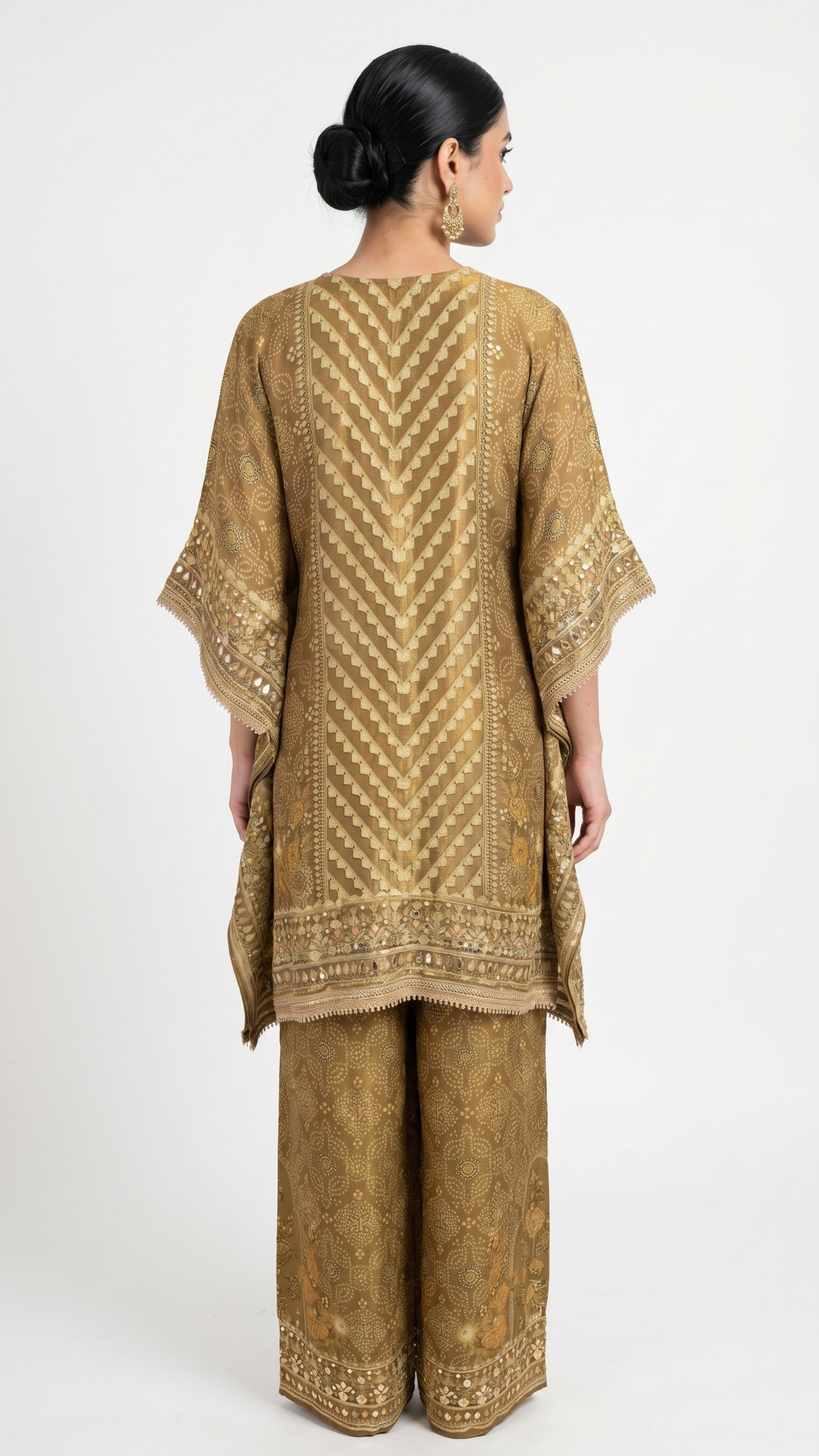 Golden Digital Printed Tissue Kaftan Style Co-ord Set with Gotta Patti & Sequins Work