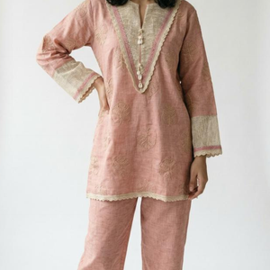 Pink Handloom Cotton Coord Set with Moti, Kodi and Thread Work