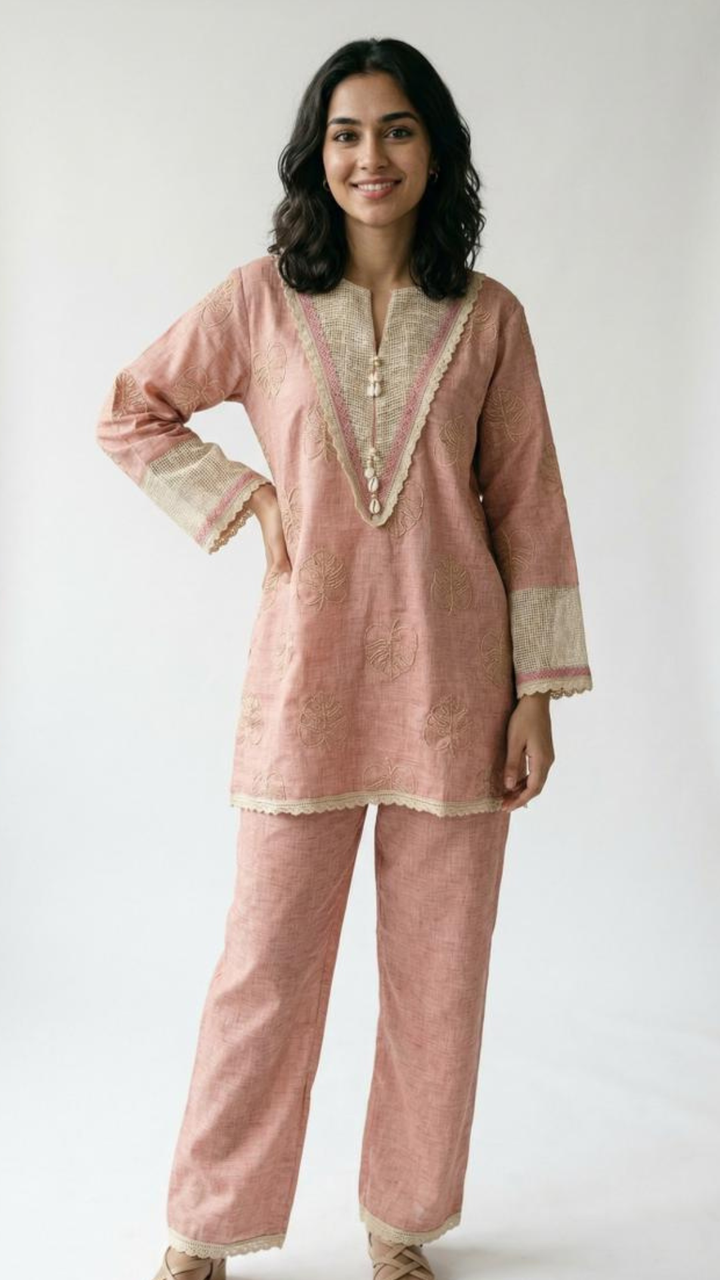 Pink Handloom Cotton Coord Set with Moti, Kodi and Thread Work