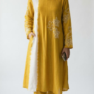 Yellow Cotton Silk Coord Set with Sequin and Moti Work
