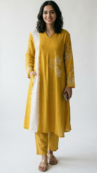 Yellow Cotton Silk Coord Set with Sequin and Moti Work