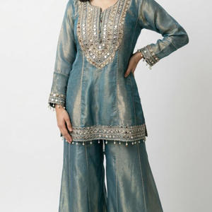Blue Crushed Tissue Indowestern with Cutdana, Moti, Dabka and Mirror Work