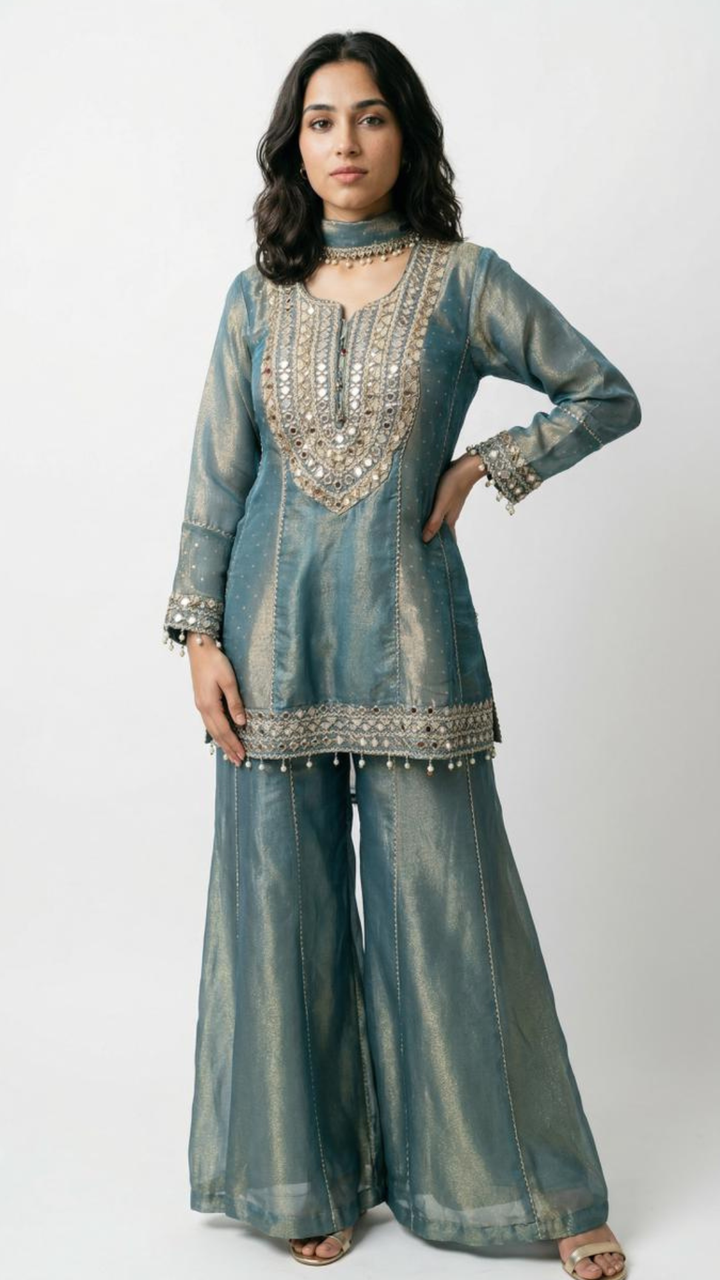 Blue Crushed Tissue Indowestern with Cutdana, Moti, Dabka and Mirror Work