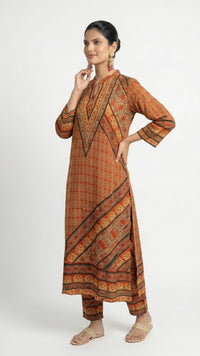 Orange Muslin Suit Set with Sequins Detailing