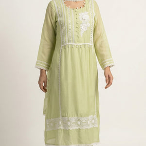 Green Muslin Cotton Suit Set with Mirror & Lace Detailing