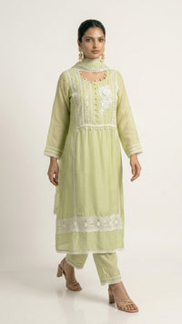 Green Muslin Cotton Suit Set with Mirror & Lace Detailing