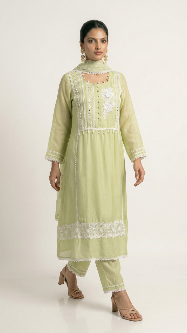 Green Muslin Cotton Suit Set with Mirror & Lace Detailing