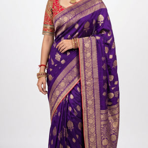 Purple Banarasi Silk Saree with Stitched Pink Blouse and Weaving Work