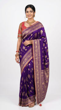Purple Banarasi Silk Saree with Stitched Pink Blouse and Weaving Work