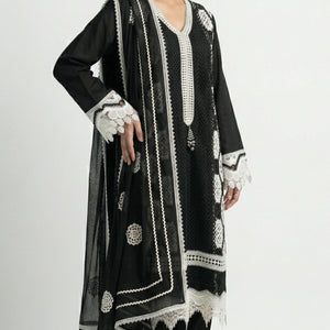 Black Muslin Suit with Stone & Lace Detailing