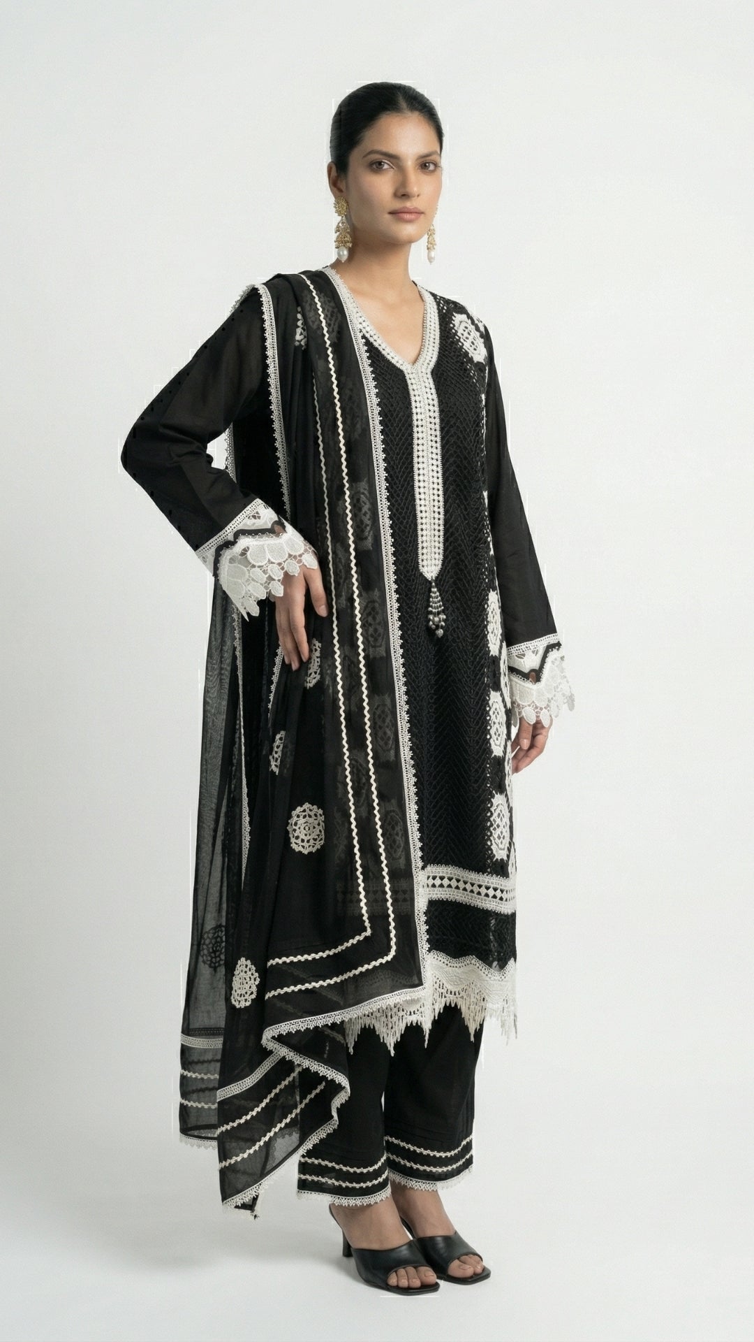 Black Muslin Set with Stone & Lace Detailing