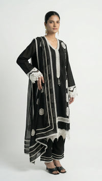 Black Muslin Suit with Stone & Lace Detailing