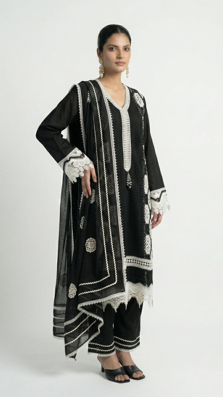 Black Muslin Suit with Stone & Lace Detailing