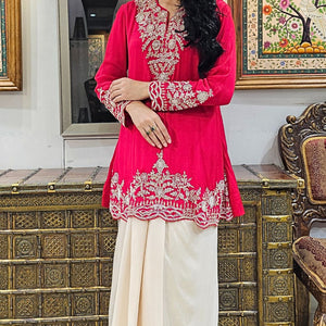 Red Chinon Indowestern Top and Pleated Bottom with Dabka,Sequins and Cutdana Work