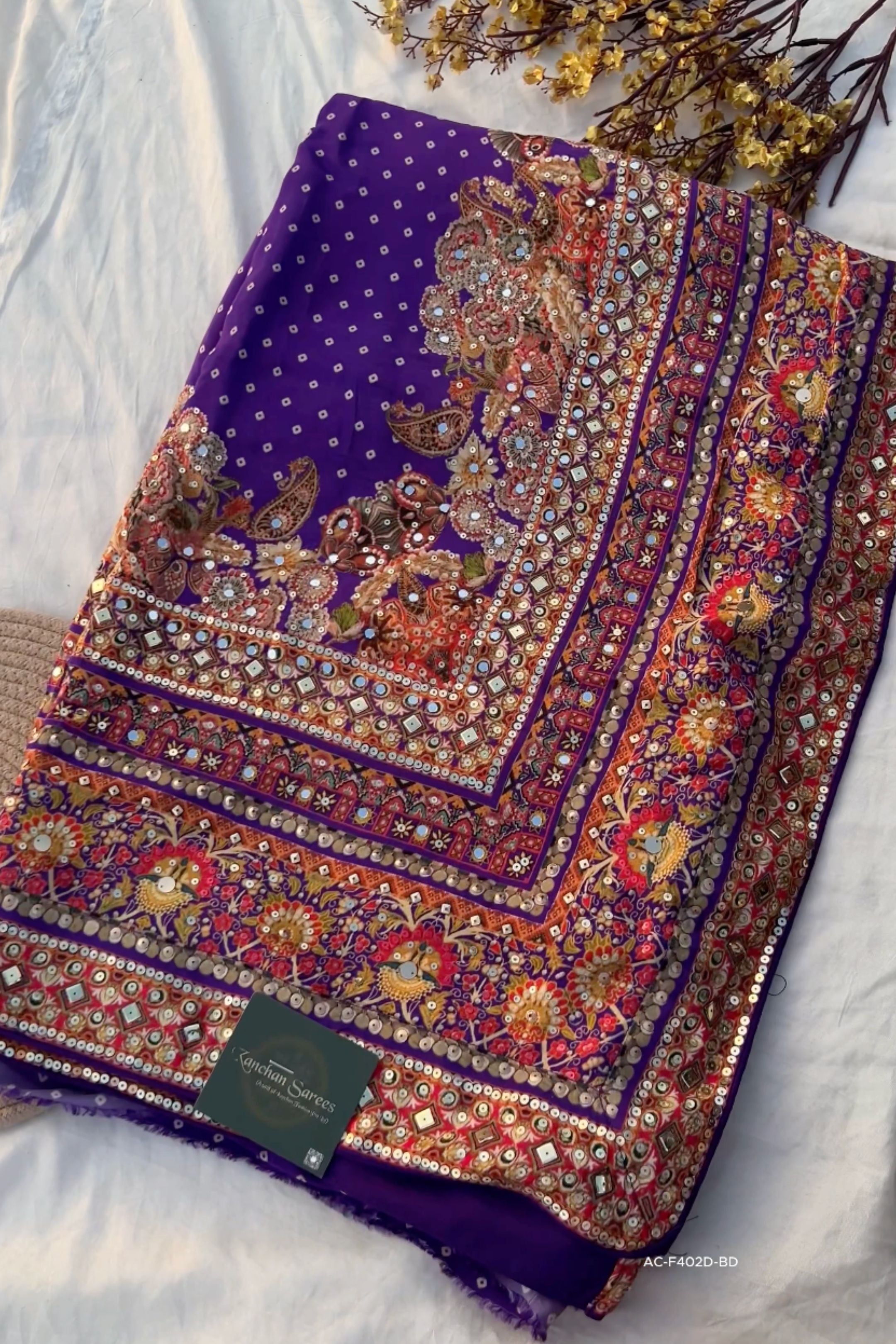 Rani Crepe Saree Embellished With Sequins & Mirror Work